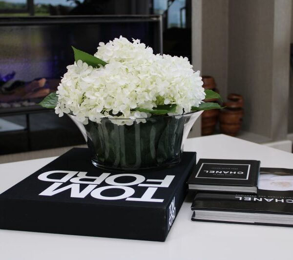 White Hydrangea Annabelle Arrangement in Leaf Glass Bowl