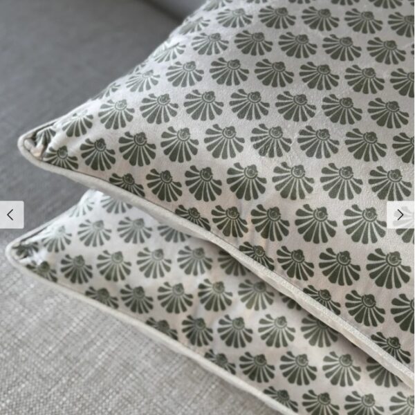 Vanilly Fly Cream Velvet Cushion with Khaki Green pattern.